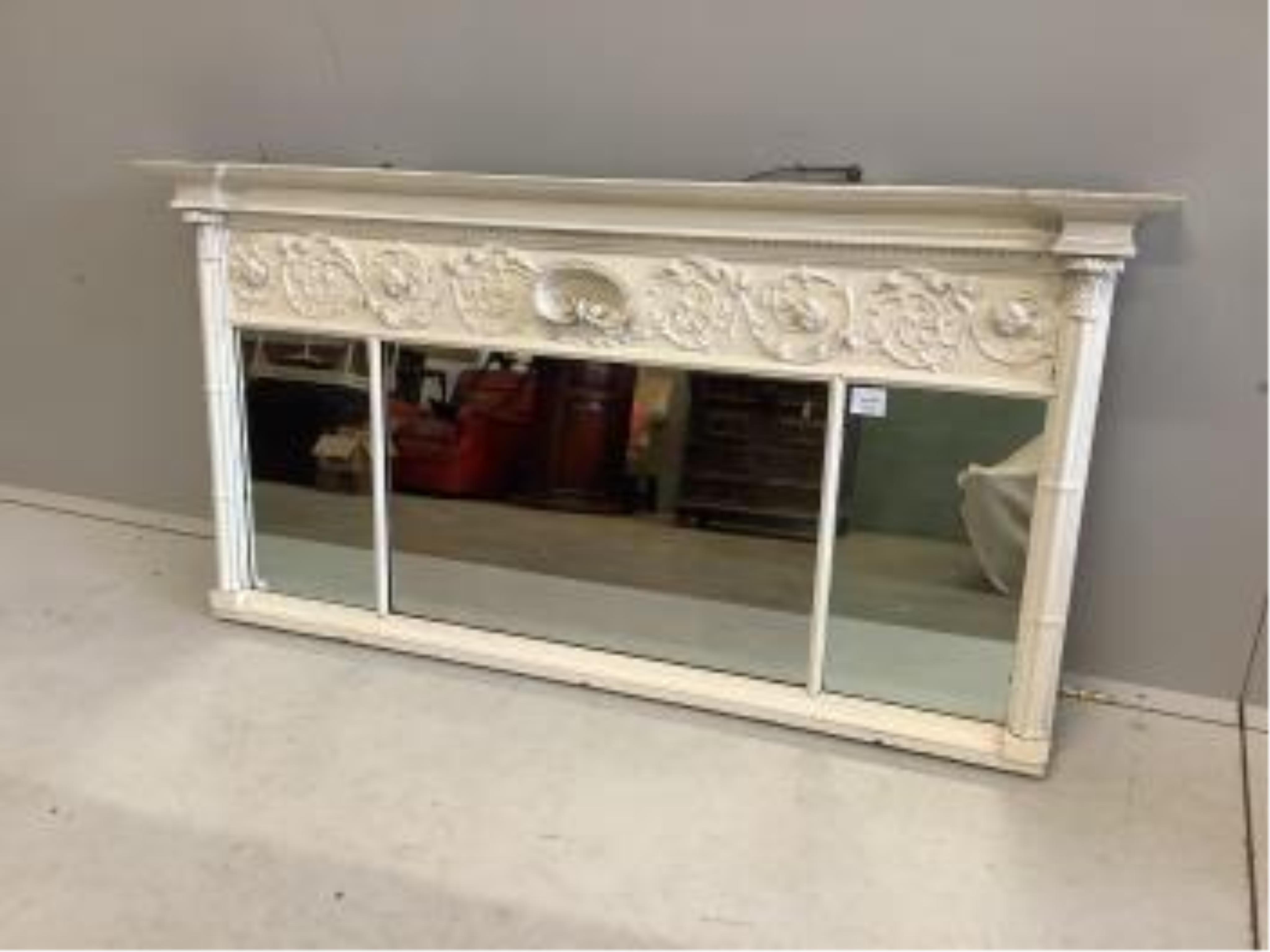 A Regency triple plate overmantel mirror, later painted, width 134cm, height 70cm. Condition - poor to fair